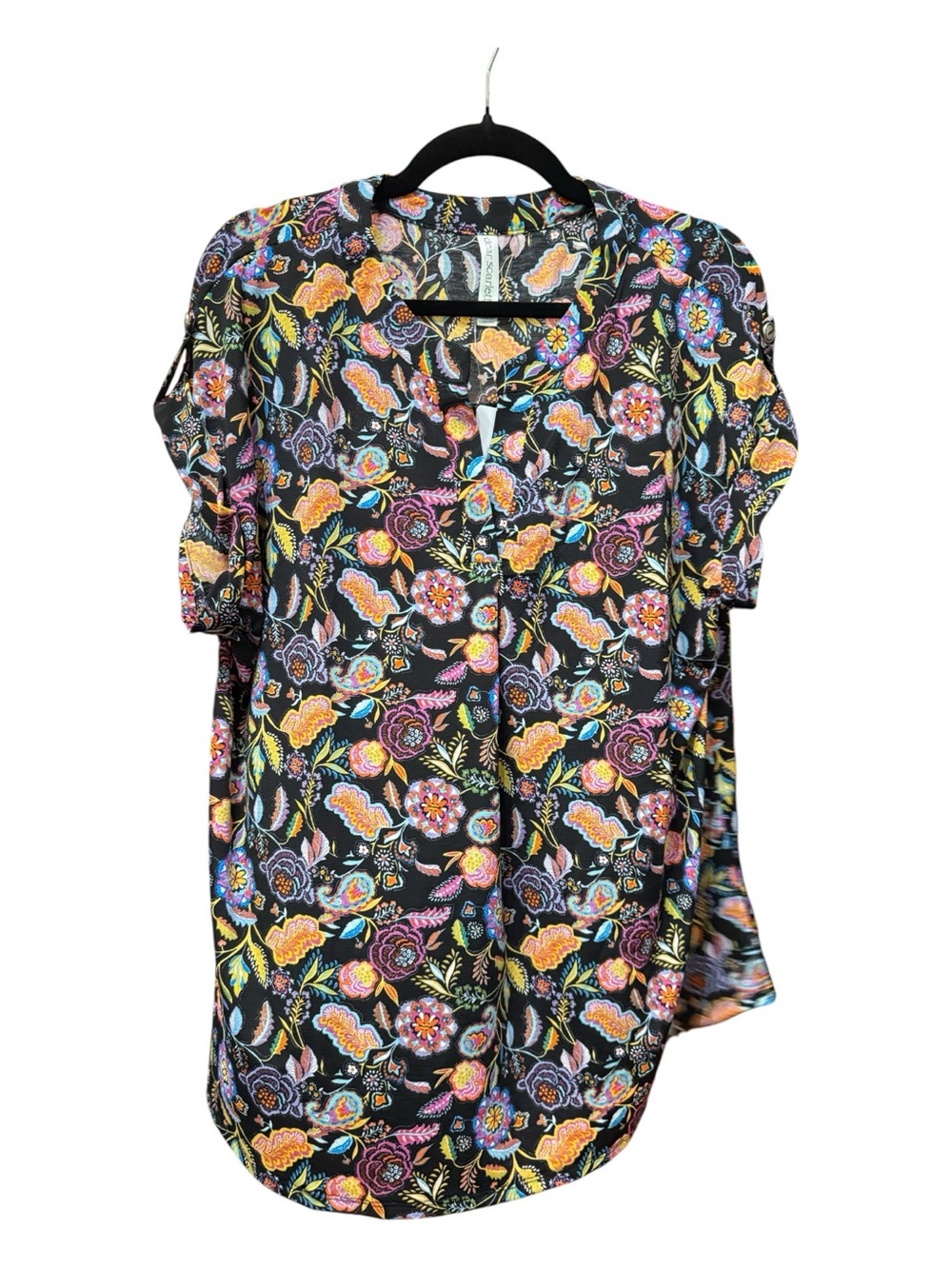 Dear Scarlett XL Black Floral Paisley Roll Tab Blouse NWT